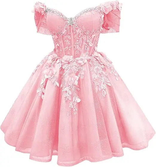 Robe de bal courte Celestia à corset et épaules dénudées, ornée de perles et de dentelle - Image 11