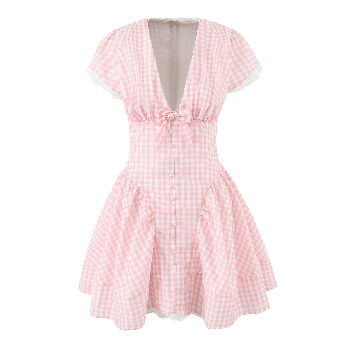 Pink Plaid Spliced White Lace Corset Style Mini Dress Women V Collar Short Sleeve Low Waist Ball Gown Swing Party Robe - Image 2