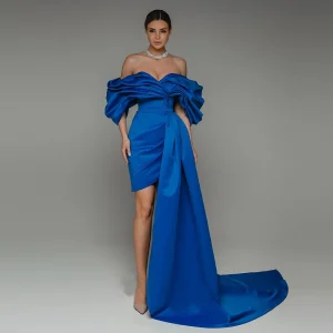 Royal Blue Off Shoulder Prom Dresses Pleat Detachable Train Satin Formal Evening Party Gown Mini Corset