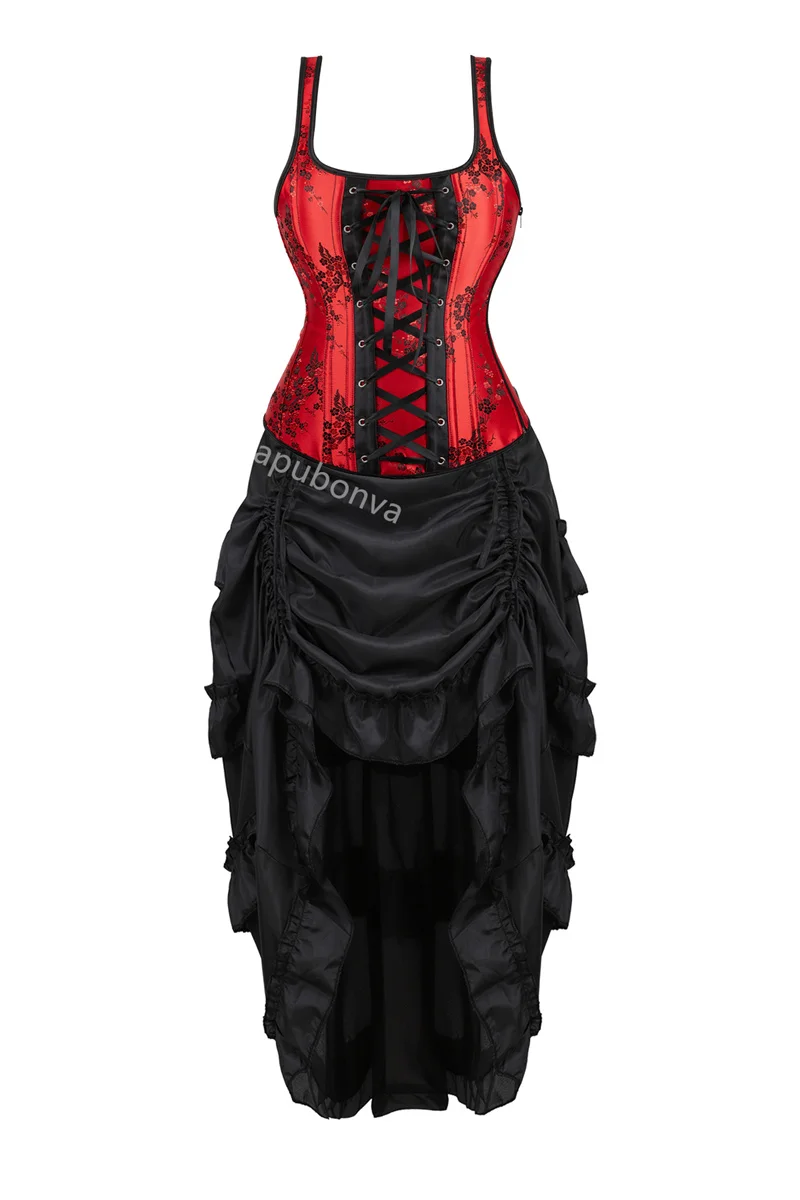 Red Corset Dress Women Skrit Set Shoulder Strap Lace Costume Party Sexy Burlesque Halloween Basques Outfit Plus Size Black - Image 8