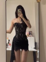 Sexy Lace See-tough Waist-cinched Strapl Dr Women Pure Desirable  Bla Dr Adult Ceremony Dr Women