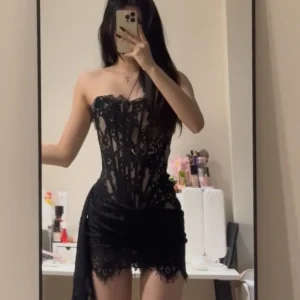 Sexy Lace See-tough Waist-cinched Strapl Dr Women Pure Desirable  Bla Dr Adult Ceremony Dr Women