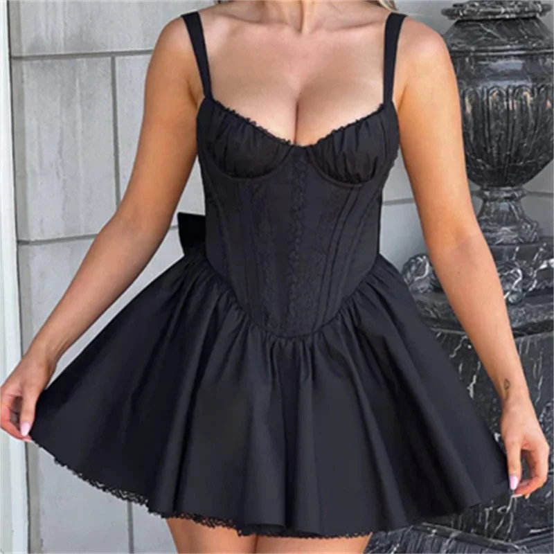 Bustier Corset Mini Dress Lace Trim Big Bow Tie Up Aline Ruffle Sundress White Graduation Party Dress Streetwear - Image 7