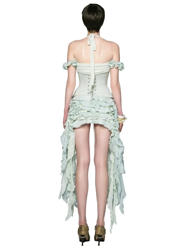 Ruffles Draped Dress Three Piece Sets Sexy Halter Neck Folds Ruffled Dress+Lace-up Corset Top+Shorts Suits Party Cocktail - Image 4