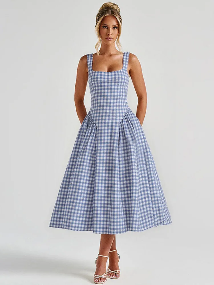 Plaid Printed Spaghetti Strap Sexy A-line Dress - Image 6