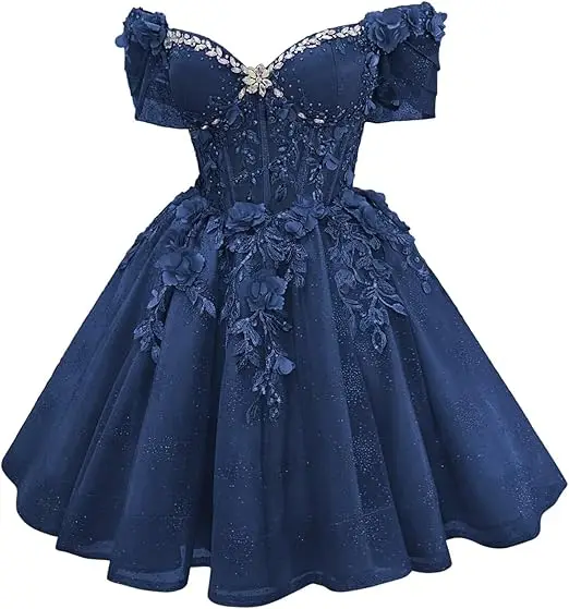 Robe de bal courte Celestia à corset et épaules dénudées, ornée de perles et de dentelle - Image 10