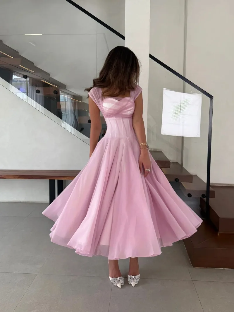 Summer Sexy Square Neck Corset Waist A-Line Tea-Length Dress for Wedding - Eye-Catching Gown for Women - Image 9