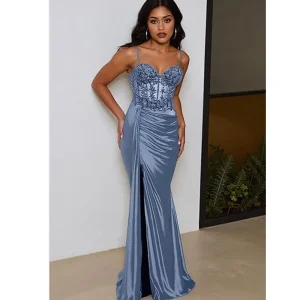 Prom Dresses Spaghetti Straps Lace Formal Evening Party Gowns Side Slit Corset