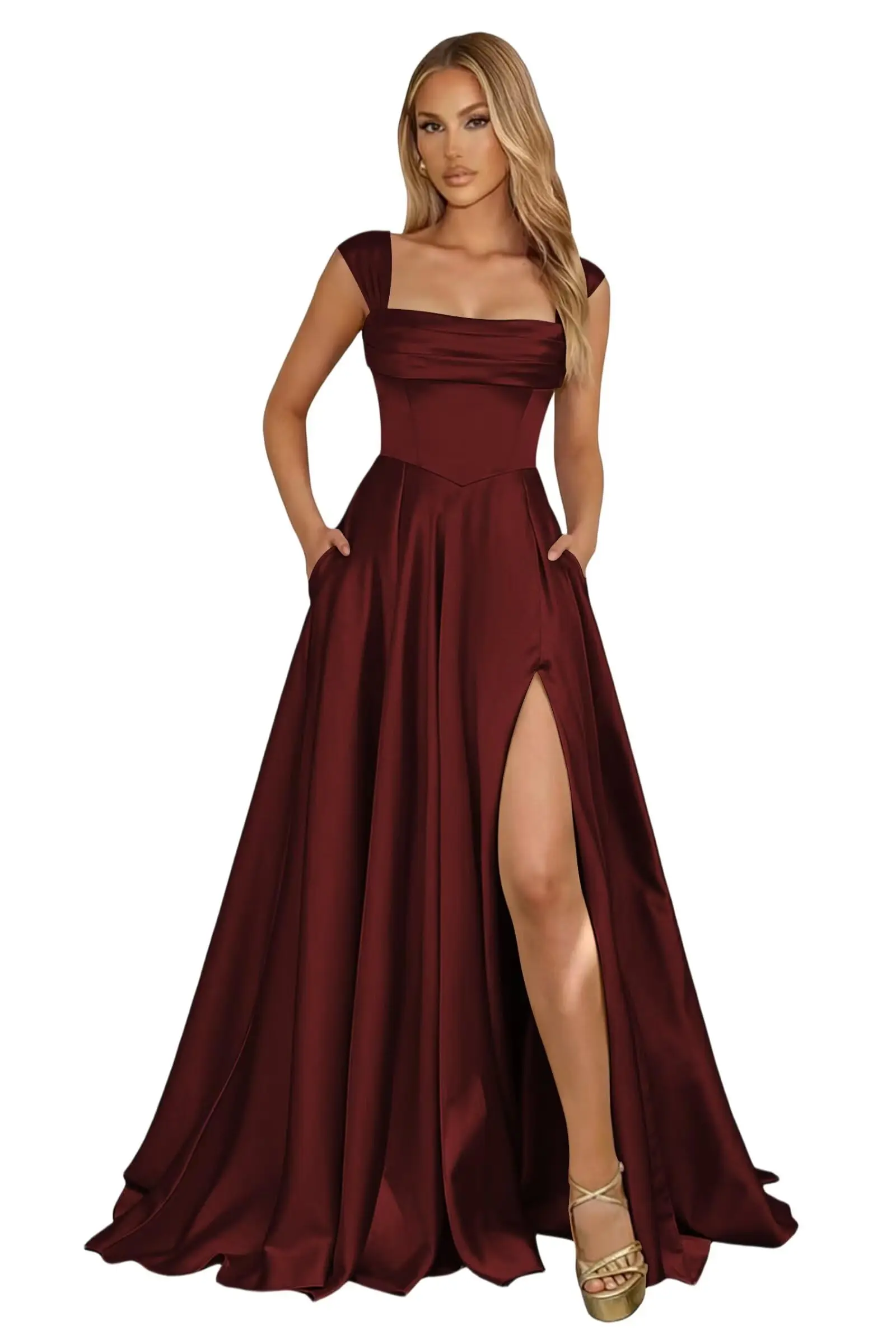 Corset Satin Square Neck Prom Dresses for Women Corset Ruched Formal Evening Party Gowns with Slit - Image 16