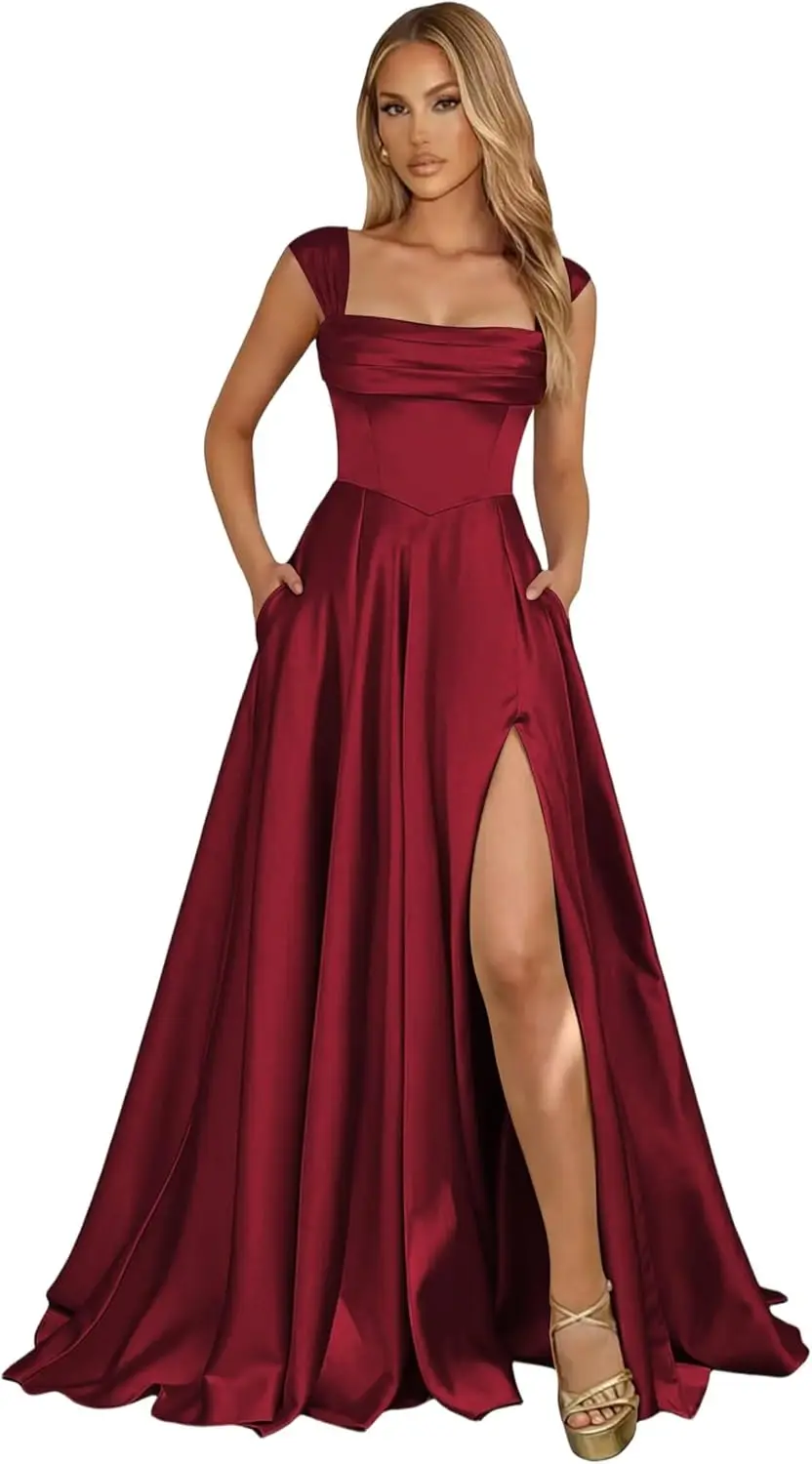 Corset Satin Square Neck Prom Dresses for Women Corset Ruched Formal Evening Party Gowns with Slit - Image 5