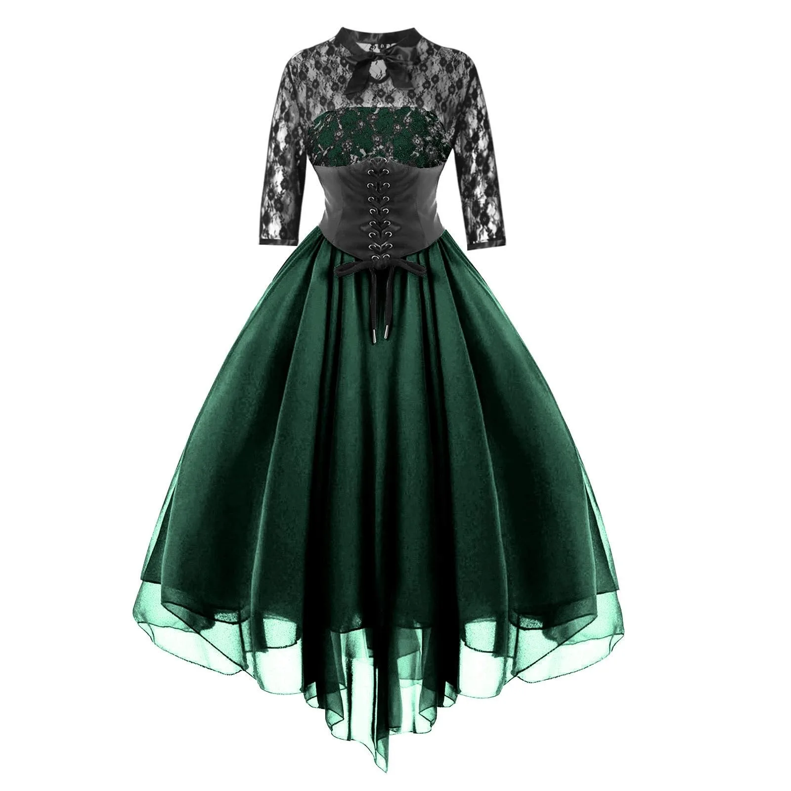 Women's Gothic Dress Sexy Lace Patchwork Half Sleeve Mesh High Waist Party Dresses Retro Lace Up Swing Cocktail Dress Ball Gown - Image 6