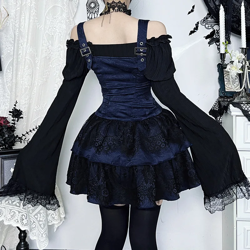 Dark A-line Textured Mini Dress for Women Mall Gothic Outfits Jacquard Lace Trim Embellished Dresses Ball Gown Halloween - Image 16
