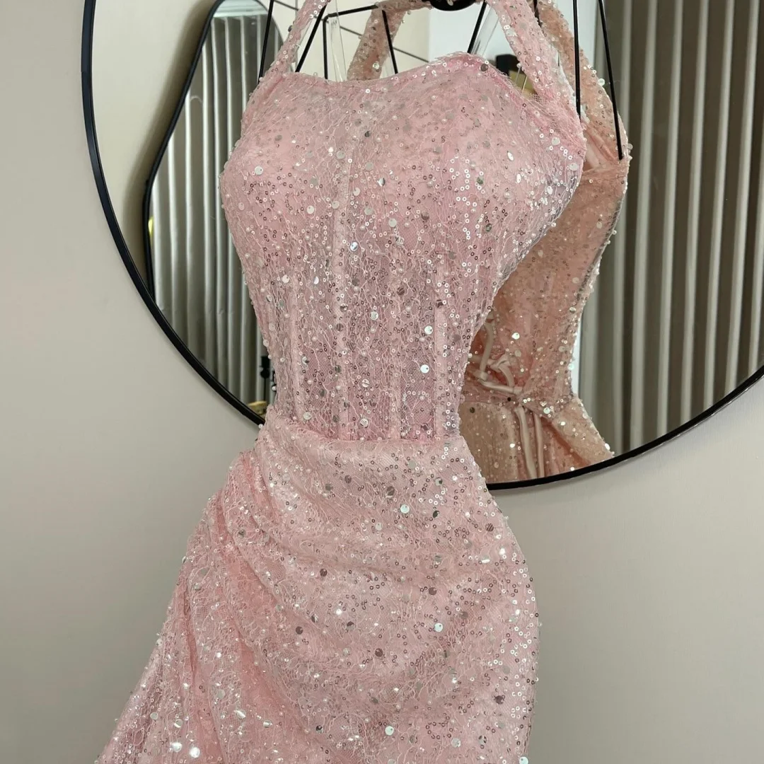 Pink Halter Neck Lace Prom Dress Corset Bodice Ruched Mermaid Side Slit Party Dresses Elegant Evening - Image 2