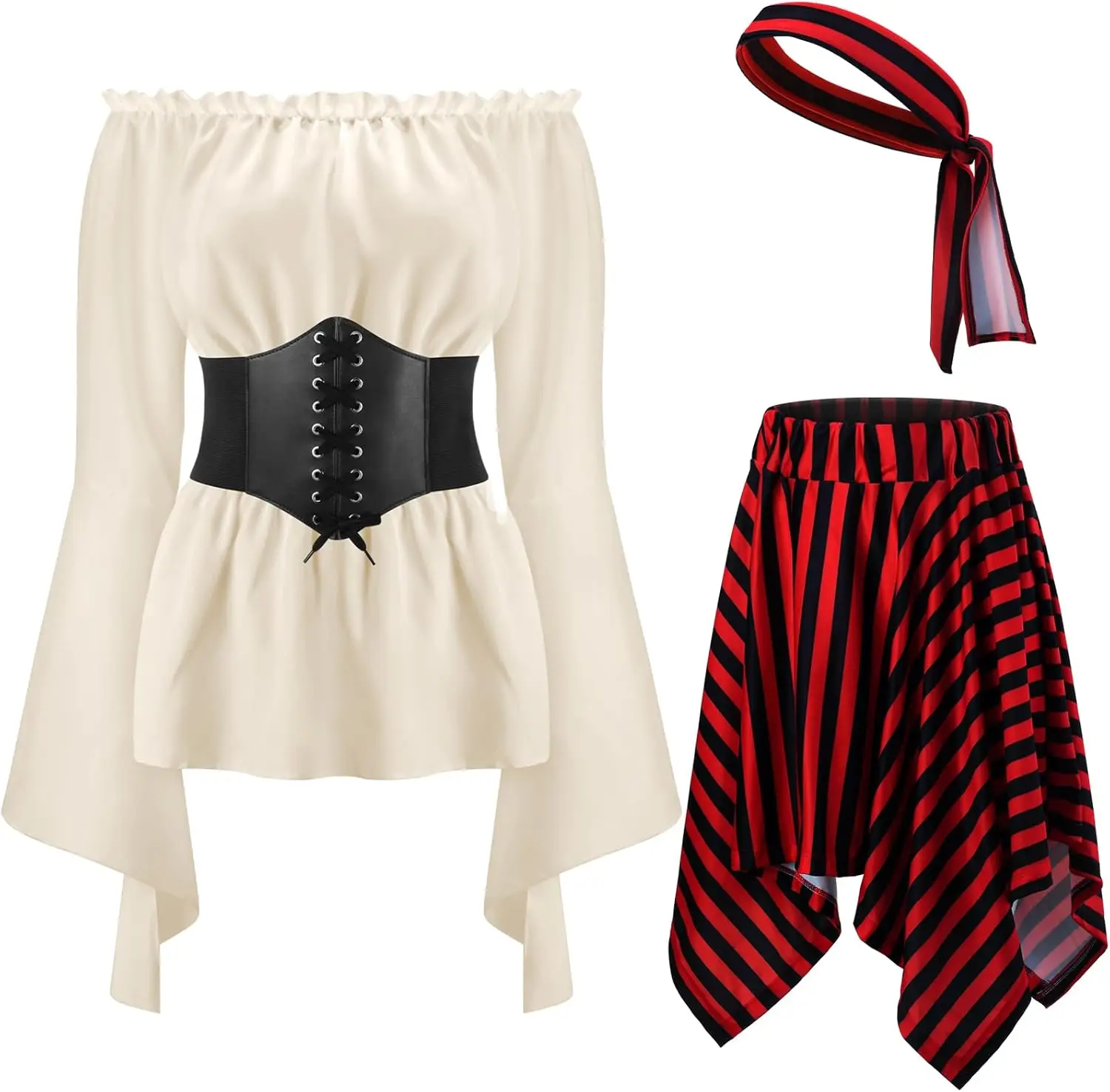 Halloween Womens Pirate Costume Renaissance Pirate Blouse Tops Corset Waist Belt Pirate Skirt for Halloween Party 4 Pcs - Image 7