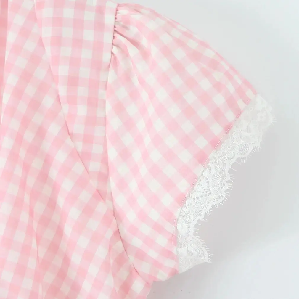 Pink Plaid Spliced White Lace Corset Style Mini Dress Women V Collar Short Sleeve Low Waist Ball Gown Swing Party Robe - Image 4