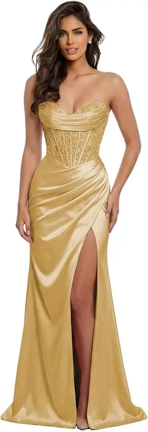 Pink Mermaid Prom Dresses Sweetheart Lace Strapless High Side Slit Formal Evening Party Gowns Corset - Image 6