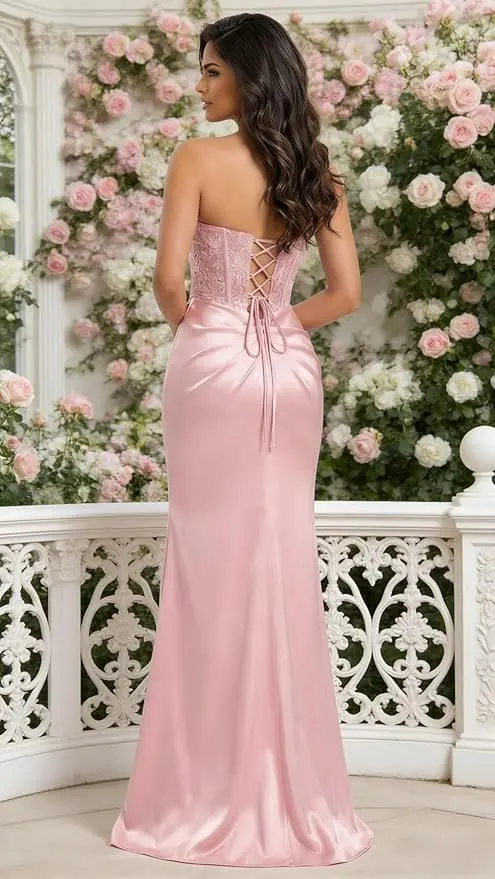 Pink Mermaid Prom Dresses Sweetheart Lace Strapless High Side Slit Formal Evening Party Gowns Corset - Image 2