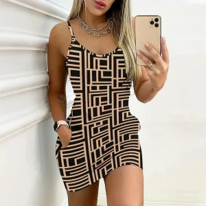 Summer Mini Skirt Women's Commuting Casual Sleeveless Dress Ladies Sexy Round Neck Printed Dress Daily Wear