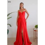 Red Strapless Corset Satin Long Gown robes de soirée High Slit Elegant Party Dresses