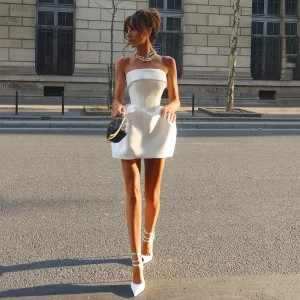 Strapless Satin Mini Wedding Dress Fold Neck Corset Bridal Gown Design Elegant Short Bride