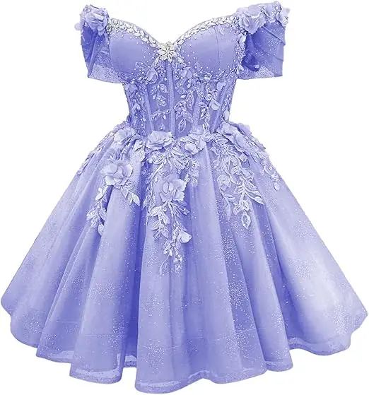 Robe de bal courte Celestia à corset et épaules dénudées, ornée de perles et de dentelle - Image 19