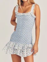Sexy White Blue Flower Print Corset Ruched Elastic Body Sling Mini Dress Woman Wood ears Square Collar Ruffles Hem Robe Holiday