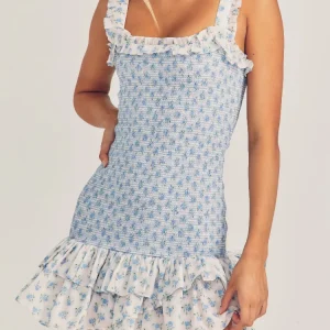 Sexy White Blue Flower Print Corset Ruched Elastic Body Sling Mini Dress Woman Wood ears Square Collar Ruffles Hem Robe Holiday