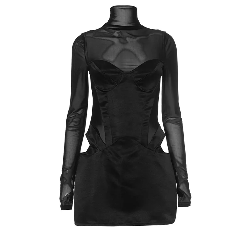 Robe Mesh Long Sleeve Mini Dress Party Evening Club Outfits Sexy Cut Out Corset Bodycon Dresses - Image 9