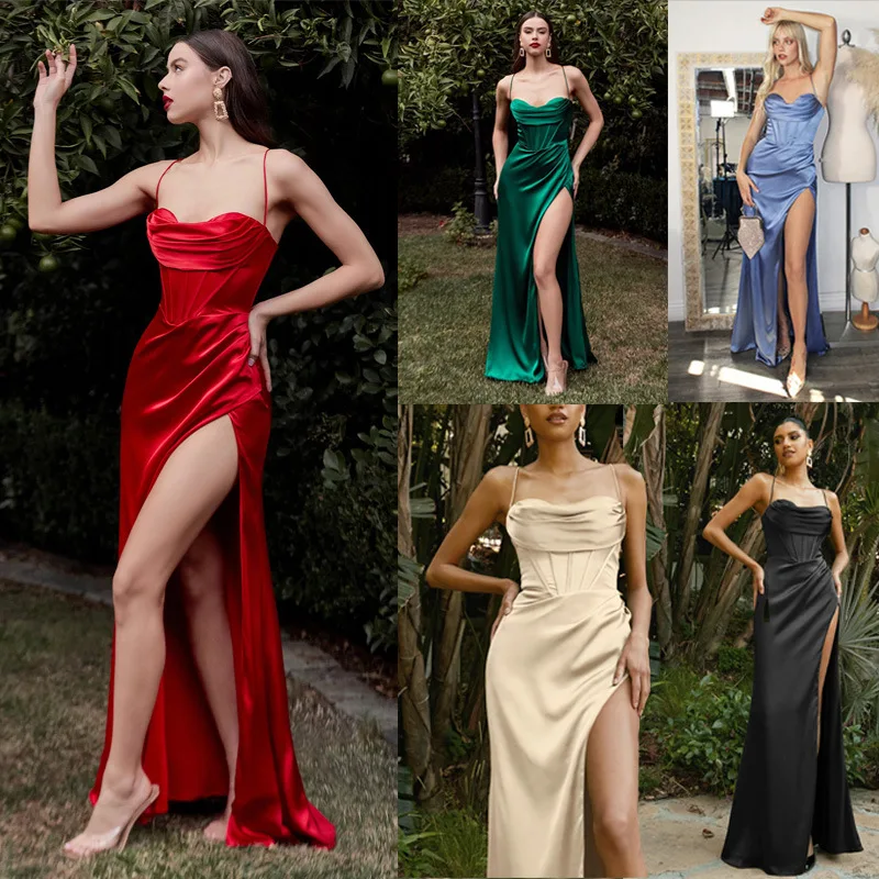 Dress Satin Cowl Front Lace Up Corset Dress Evening Dresses for Day and Night Party Elegant Women Red Maxi Bodycon Sexy - Image 12