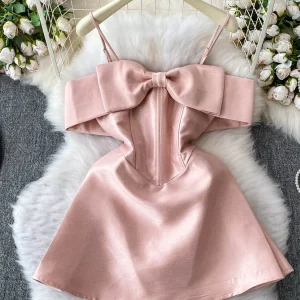 Elegant Satin  Knot Strap Dress Women Summer Slimming Fishbone Design Little Black Dress High Waist Simple Style Dress
