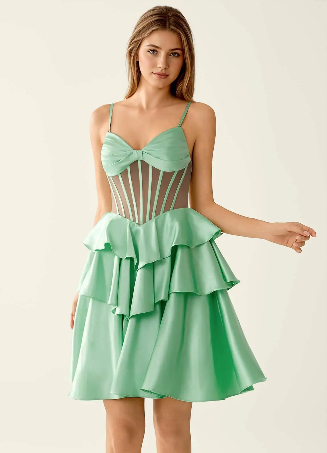 Glam Homecoming Dress Spaghetti Strap Bow Corset Tiered Ruffle - Image 8