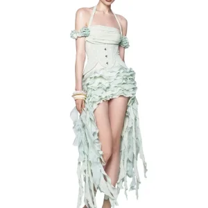 Ruffles Draped Dress Three Piece Sets Sexy Halter Neck Folds Ruffled Dress+Lace-up Corset Top+Shorts Suits Party Cocktail