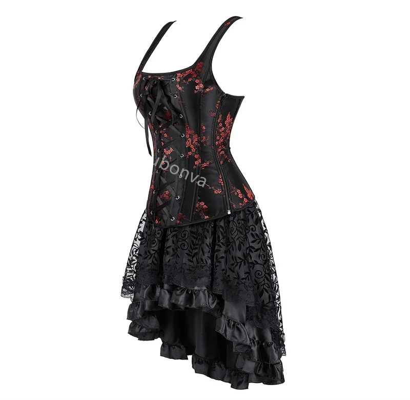 Red Corset Dress Women Skrit Set Shoulder Strap Lace Costume Party Sexy Burlesque Halloween Basques Outfit Plus Size Black - Image 3