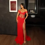 Msikoods Customized Red Evening Dresses Off Shoulder Corset Illusion Sexy High Slit Prom Dress Women's Long 2026 Party Dress