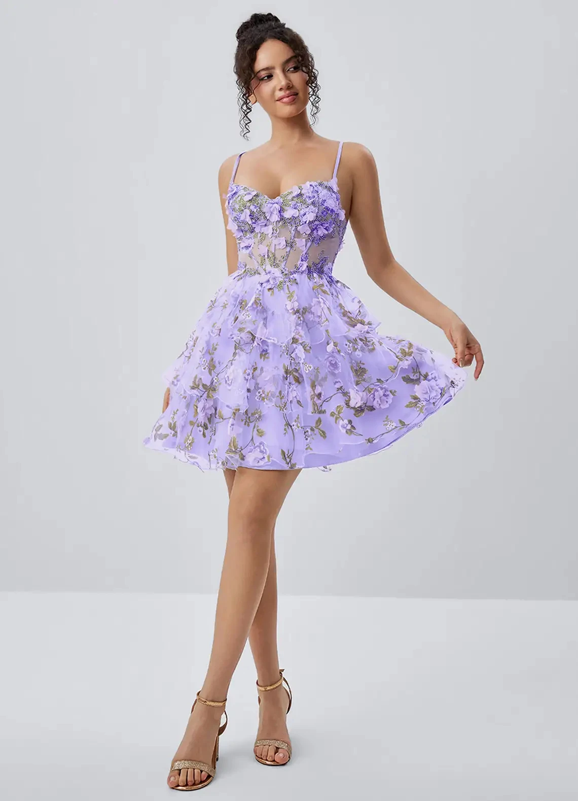 Spaghetti Strap Floral Corset Homecoming Dress Ruffled Tulle Cocktail Party Dress Prom Dress - Image 5