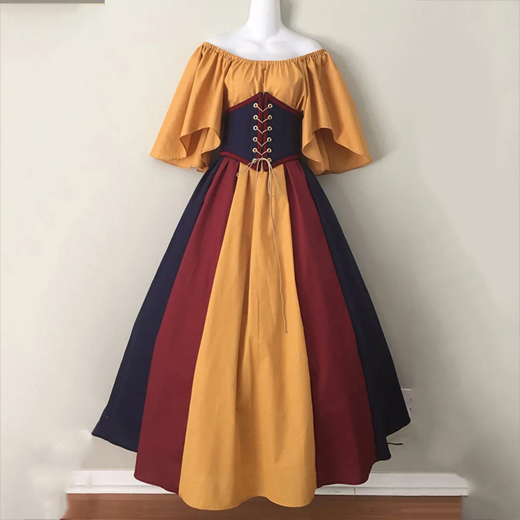 Medieval Renaissance Gothic Gown Women Off Shoulder Patchwork Contrast Slim Vintage Halloween Dress European American Costume - Image 4