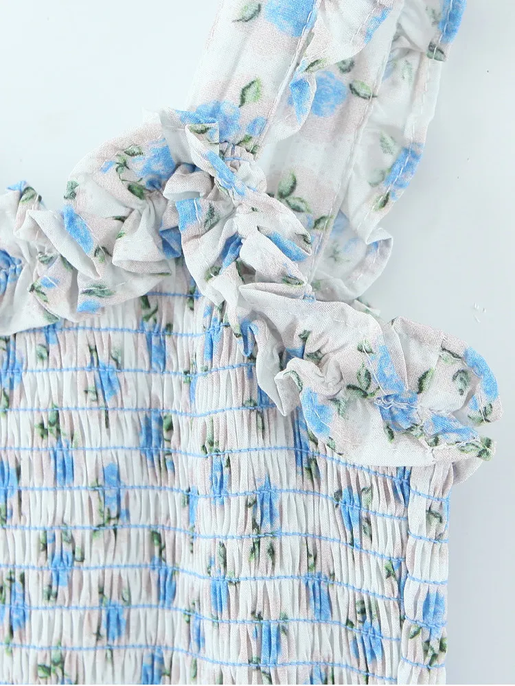 Sexy White Blue Flower Print Corset Ruched Elastic Body Sling Mini Dress Woman Wood ears Square Collar Ruffles Hem Robe Holiday - Image 4