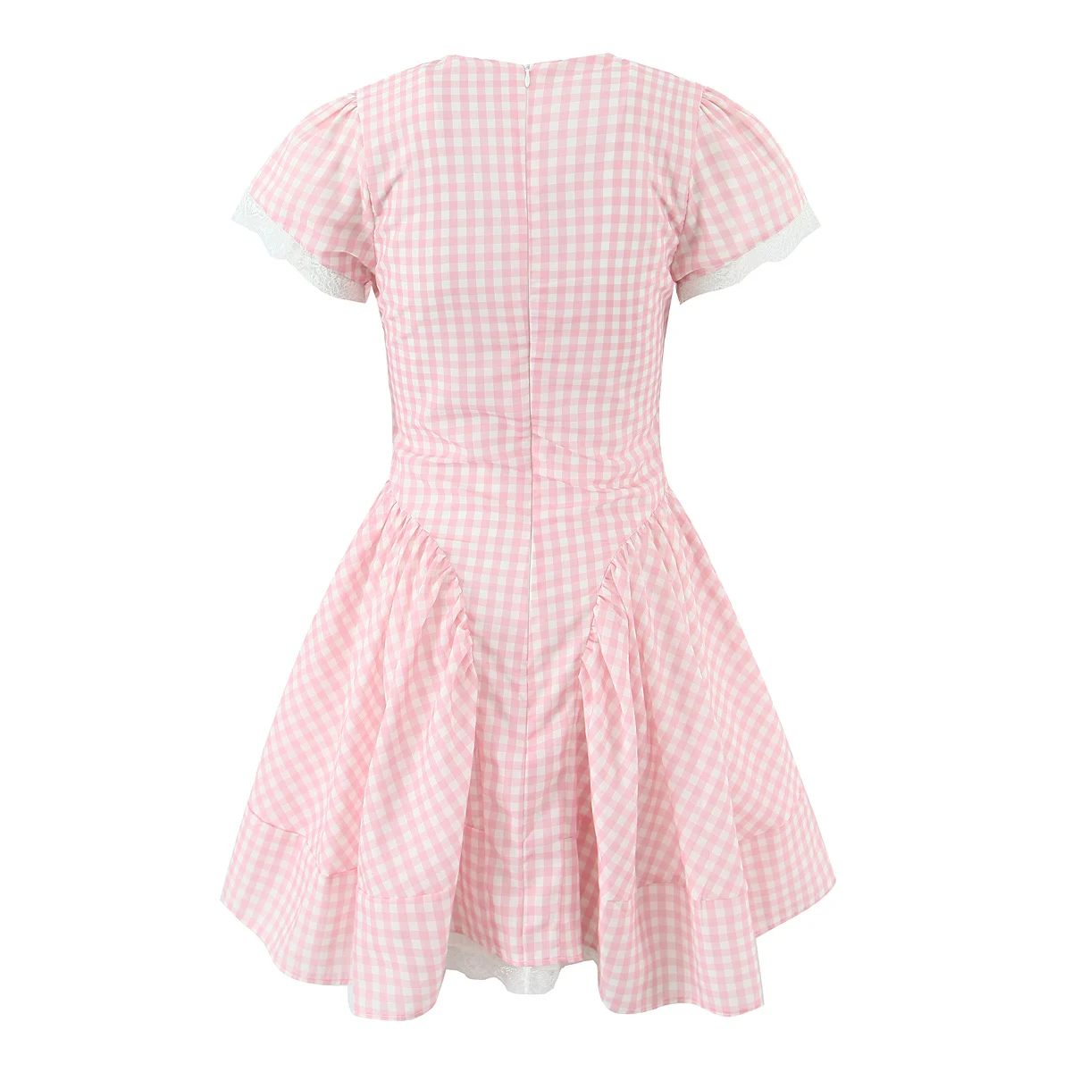 Pink Plaid Spliced White Lace Corset Style Mini Dress Women V Collar Short Sleeve Low Waist Ball Gown Swing Party Robe - Image 3