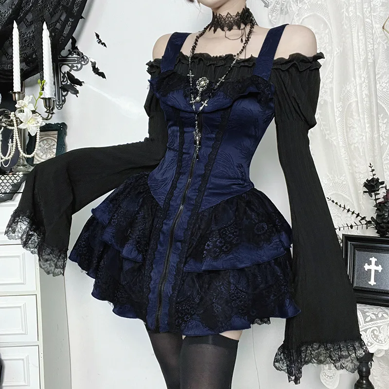 Dark A-line Textured Mini Dress for Women Mall Gothic Outfits Jacquard Lace Trim Embellished Dresses Ball Gown Halloween - Image 15