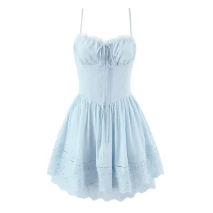 Sexy Pretty Girls Floral Embroidery Sling Mini Dresses Women Vacation Party Summer Dress Cotton White Blue Corset Sundress