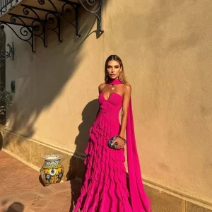 Long Train Evening Gown Sweetheart Multi Layer Ruffle Chiffon Maxi Dress Sexy Backless Flowing Ribbon Prom Dress