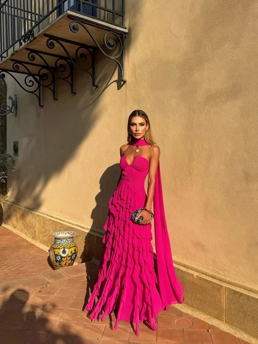 Long Train Evening Gown Sweetheart Multi Layer Ruffle Chiffon Maxi Dress Sexy Backless Flowing Ribbon Prom Dress