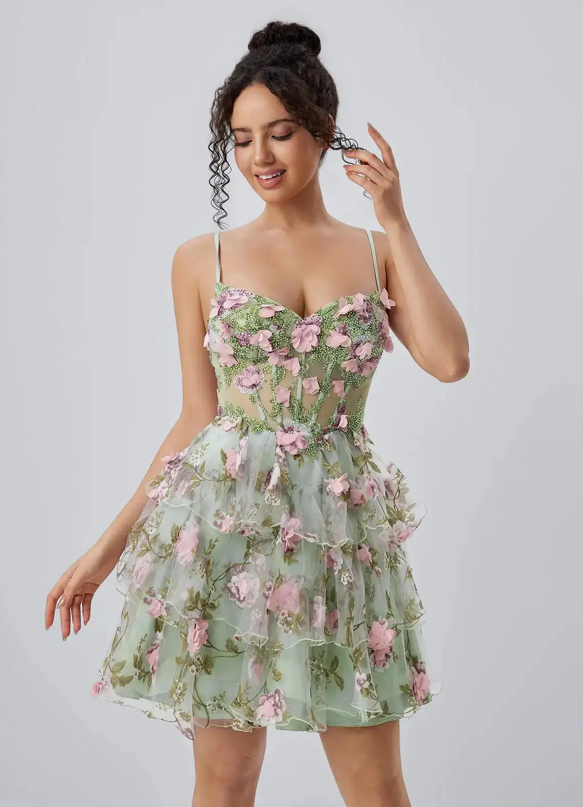 Spaghetti Strap Floral Corset Homecoming Dress Ruffled Tulle Cocktail Party Dress Prom Dress - Image 8