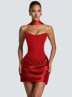 Strapless Corset Mini Dress With Choker Scarf Back Lace-up Satin Ruched Bodycon Women Gown Evening Club