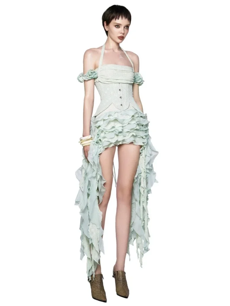 Ruffles Draped Dress Three Piece Sets Sexy Halter Neck Folds Ruffled Dress+Lace-up Corset Top+Shorts Suits Party Cocktail - Image 2