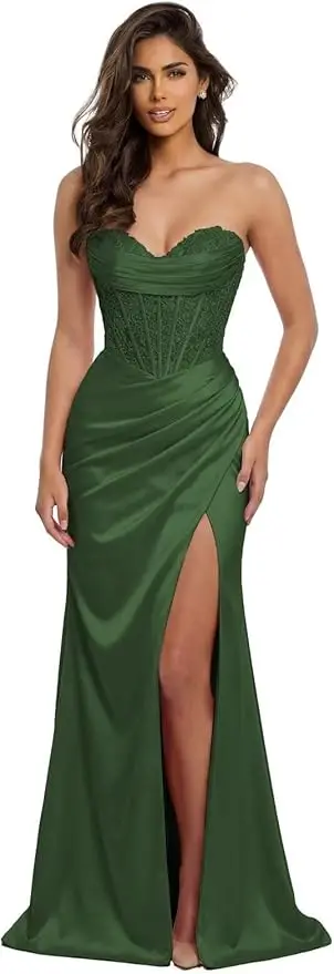 Pink Mermaid Prom Dresses Sweetheart Lace Strapless High Side Slit Formal Evening Party Gowns Corset - Image 9