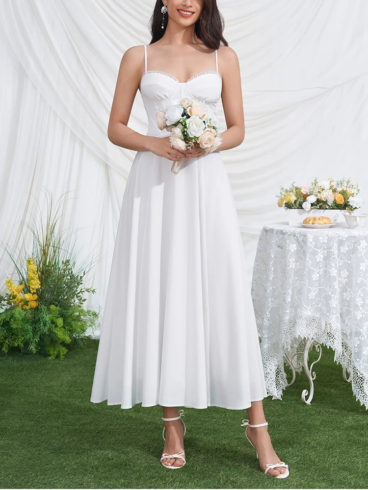 White Corset Wedding Midi Dress Elegant Summer Spaghetti Strap A-Line Bridal - Image 12