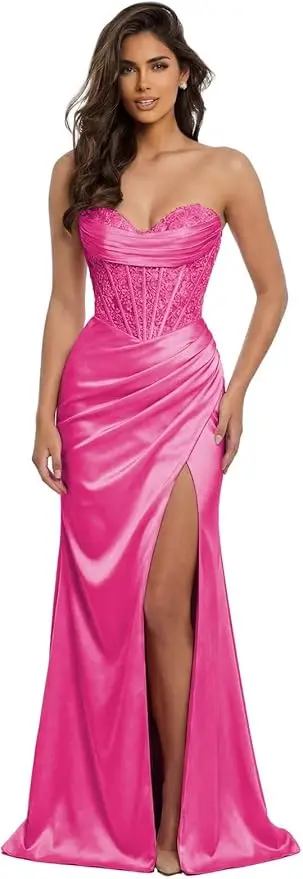 Pink Mermaid Prom Dresses Sweetheart Lace Strapless High Side Slit Formal Evening Party Gowns Corset - Image 10