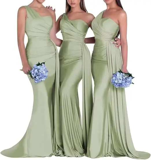 One Shoulder Mermaid Bridesmaid Dresses Corset Back Formal Evening - Image 2