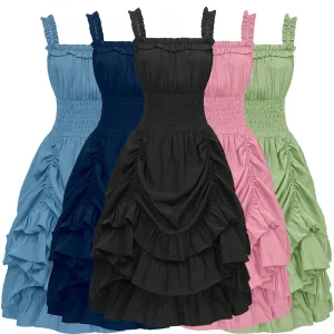 Ruffle Midi Dress,High Waist A Line Women Sling Dress,Medieval Cosplay